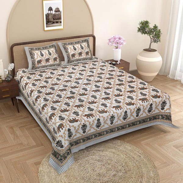 Sanganeri  Printed Bedsheet with pillow covers with two plow covers.