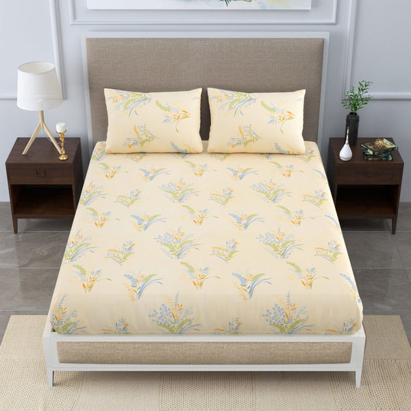 Super Soft Merino Floral Bedsheet for Double Bed King Size with 2 Pillow Covers | Premium Printed Flat Bed Sheet (90 * 108, Cream) - EasyGoods India