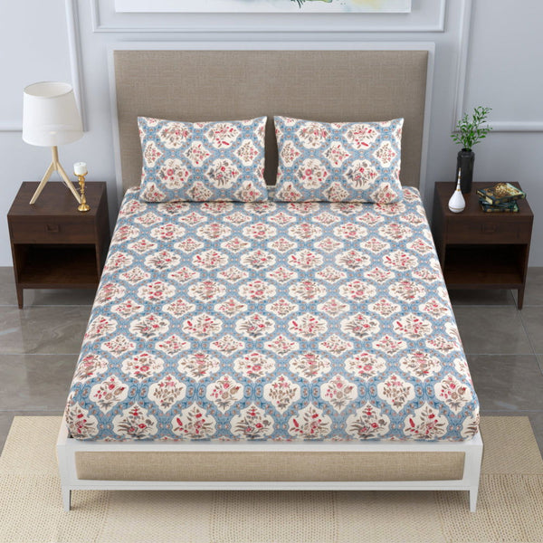Super Soft Merino Floral Bedsheet for Double Bed King Size with 2 Pillow Covers | Premium Printed Flat Bed Sheet (90 * 108,Creamy Blue) - EasyGoods India