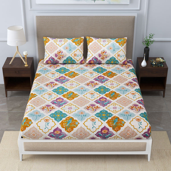 Super Soft Merino Floral Bedsheet for Double Bed King Size with 2 Pillow Covers | Premium Printed Flat Bed Sheet (90 * 108,Multicolor) - EasyGoods India