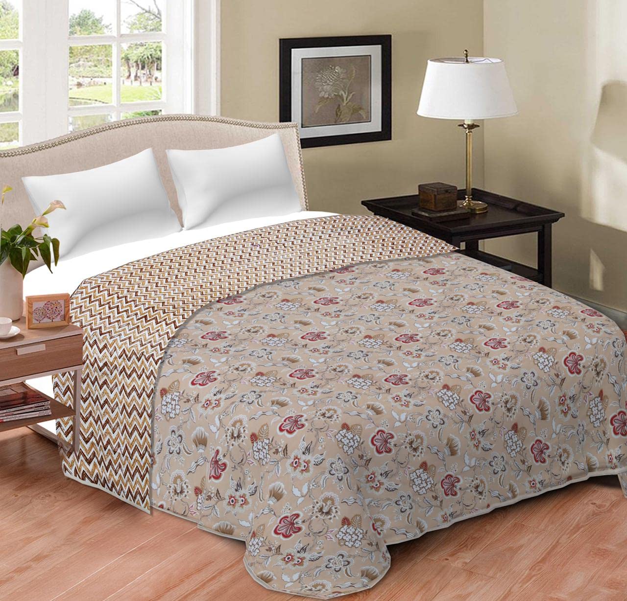 EasyGoods® Premium Pure Cotton Jaipuri Dohar - 84 x 88 inch (Floral Cream)