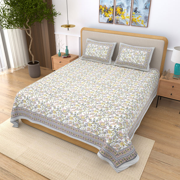 Coloursblock Floral Print Cotton King Size Bedsheet Set with 2 Pillow Covers