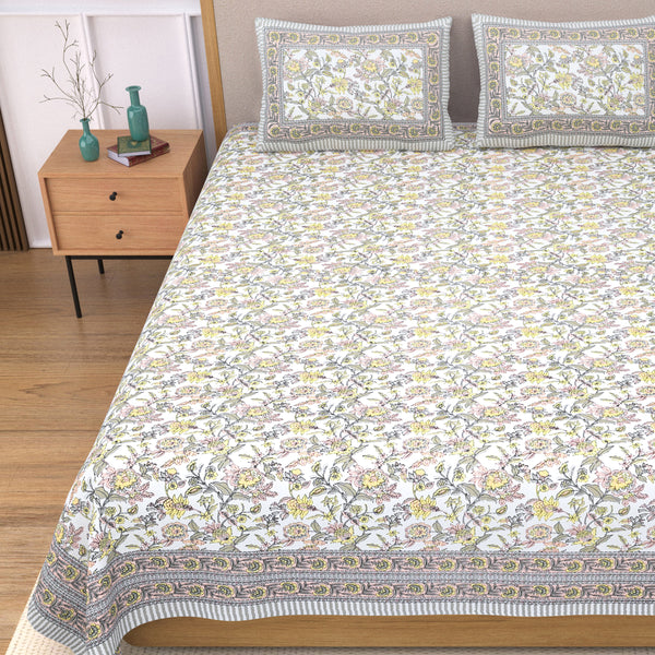 Coloursblock Floral Print Cotton King Size Bedsheet Set with 2 Pillow Covers