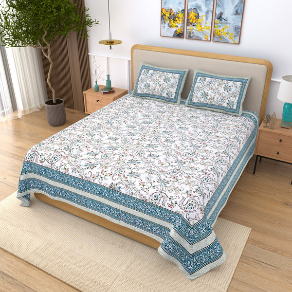 Jaipuri Floral Print Bedsheet With Two Pillow Covers.