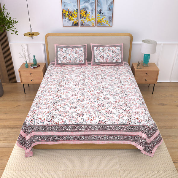 Jaipuri Pure Cotton Bedsheet with a Sanganeri print and two matching pillow covers.
