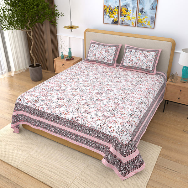 Jaipuri Pure Cotton Bedsheet with a Sanganeri print and two matching pillow covers.