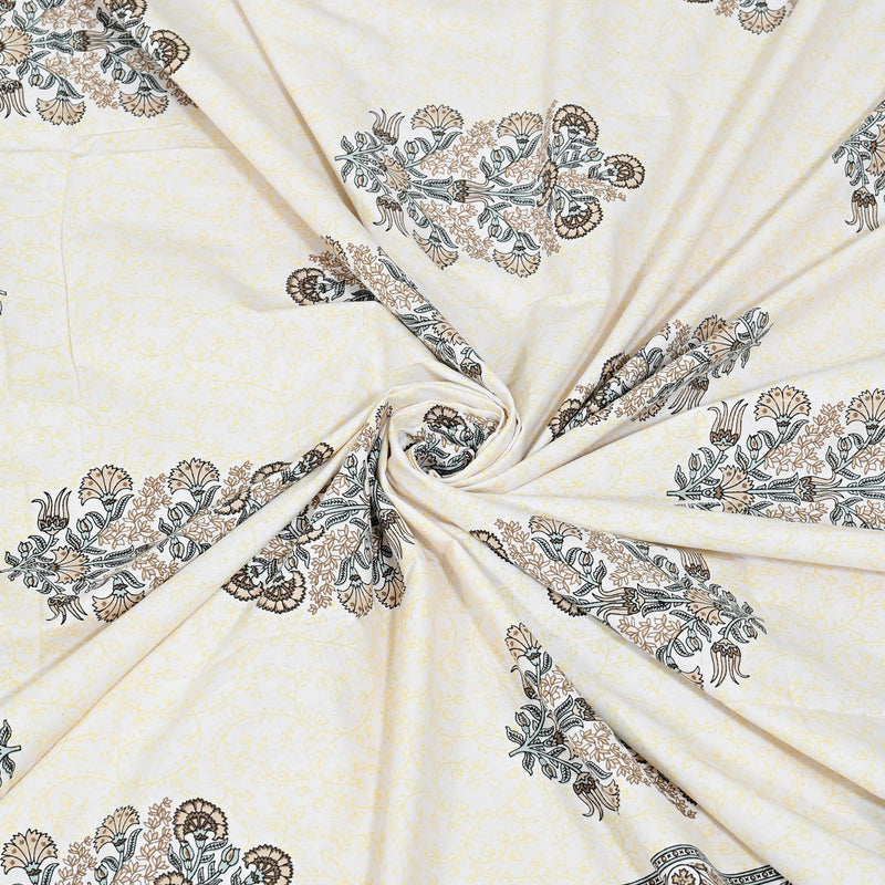 Jaipuri Pure Cotton Bedsheet with a Sanganeri print and two matching pillow covers.