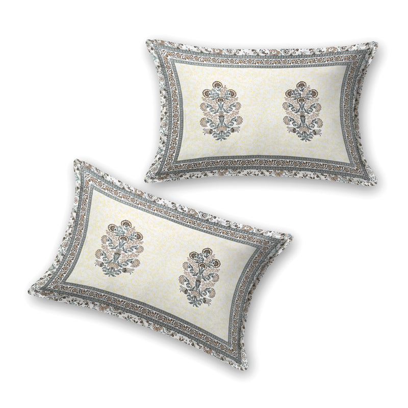 Jaipuri Pure Cotton Bedsheet with a Sanganeri print and two matching pillow covers.