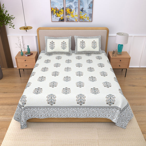 Jaipuri Pure Cotton Bedsheet with a Sanganeri print and two matching pillow covers.