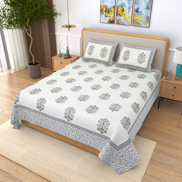 Jaipuri Pure Cotton Bedsheet with a Sanganeri print and two matching pillow covers.