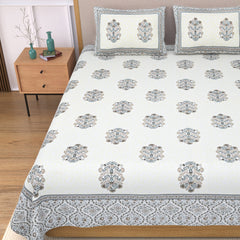 Jaipuri Pure Cotton Bedsheet with a Sanganeri print and two matching pillow covers.