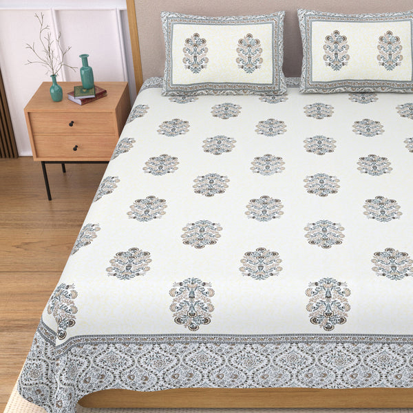 Jaipuri Pure Cotton Bedsheet with a Sanganeri print and two matching pillow covers.