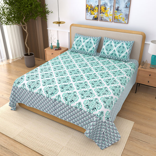 Jaipuri pure cotton printed bedsheet with two pillow covers,
