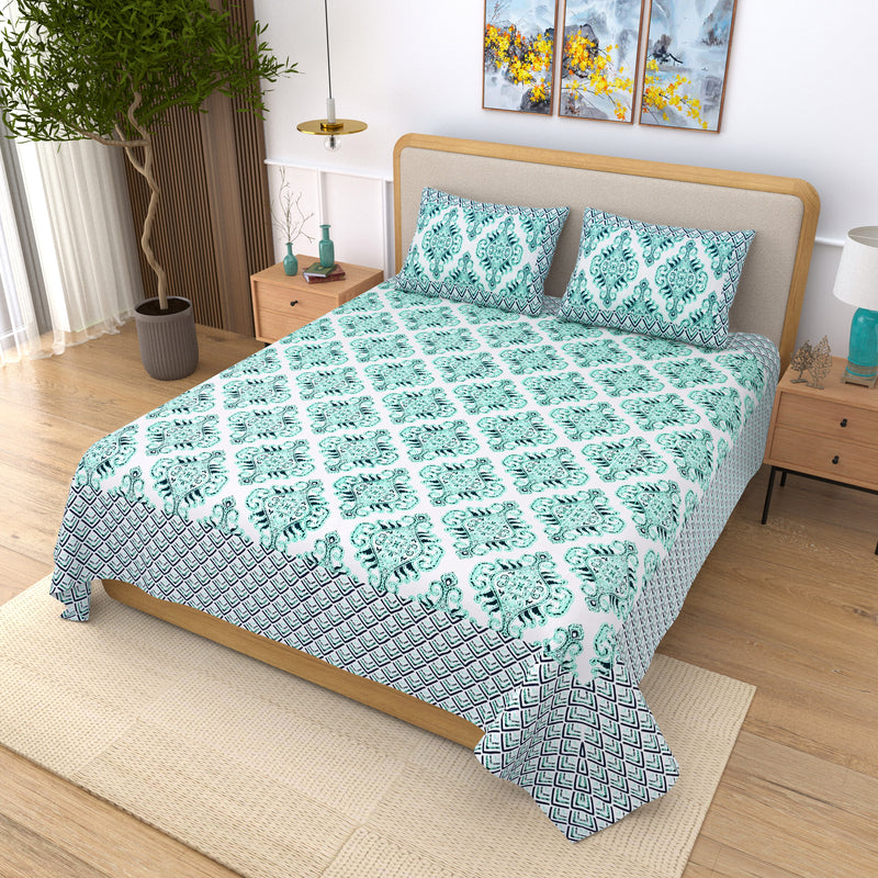 Jaipuri pure cotton printed bedsheet with two pillow covers,