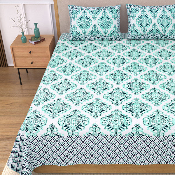 Jaipuri pure cotton printed bedsheet with two pillow covers,