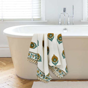 EasyGoods® Luxury Cotton Bath Towel - Ethnic Print in White & Green Tones - EasyGoods India