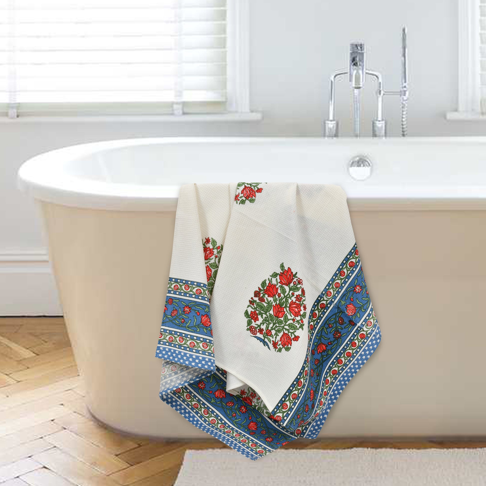 EasyGoods® Luxury Cotton Bath Towel - Elegant Print in White & Blue Tones - EasyGoods India