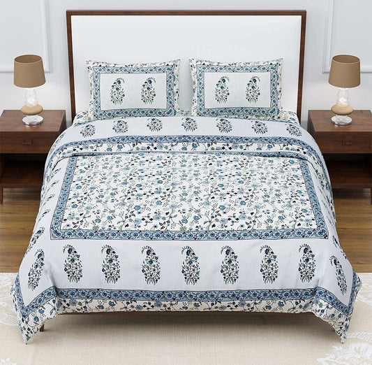 Feather Bloom Blue Monarch King Size Cotton Bedsheet