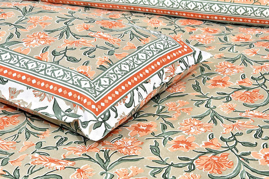 Maze Of Petals Orange Jaipuri King Size Cotton Bedsheet