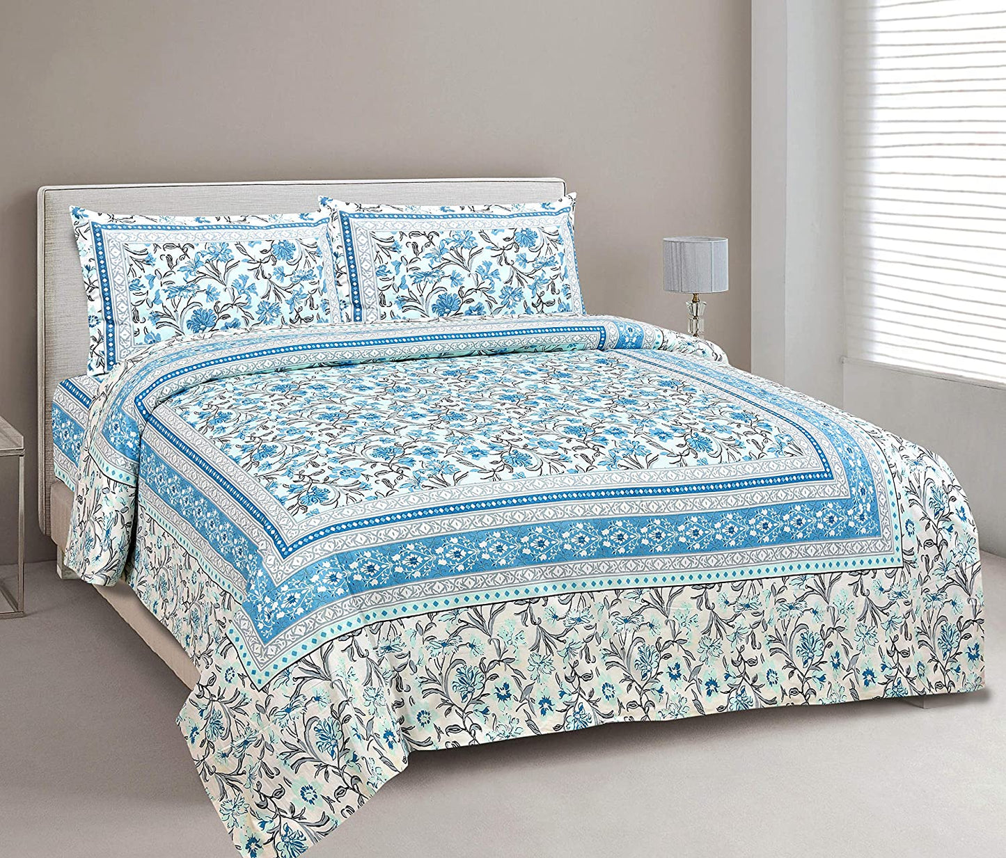 Maze Of Petals Blue Jaipuri King Size Cotton Bedsheet