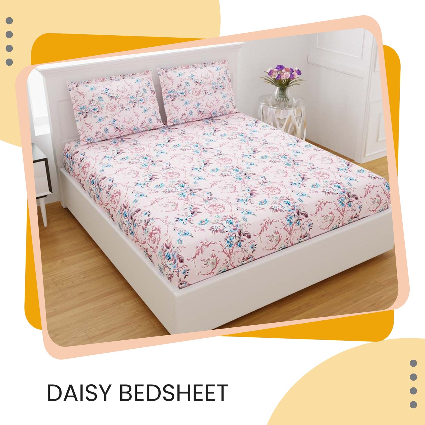 100% Cotton 320 TC King Size Floral Bedsheet with 2 Pillow Covers | Daisy