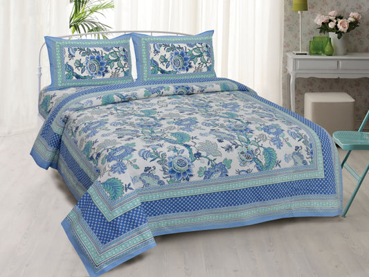 Floral Artistry Blue Jaipuri King Size Cotton Bedsheet