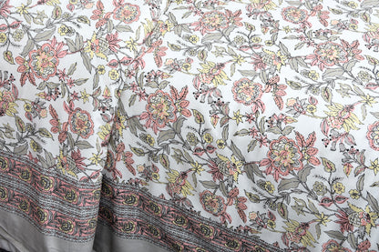 Floral Retreat Soothing Grey Jaipuri Queen Size Cotton Bedsheet