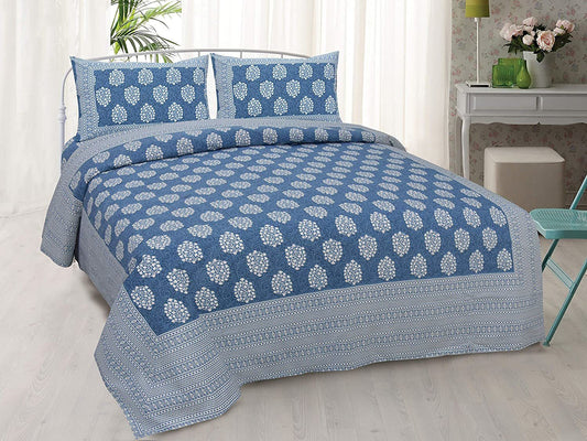 Floret Dots Blue  Ethnic Jaipuri King Size Cotton Bedsheet