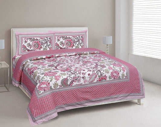 Floral Artistry Pink Ethnic Jaipuri King Size Cotton Bedsheet