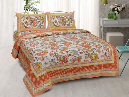 Floral Artistry Orange Jaipuri King Size Cotton Bedsheet