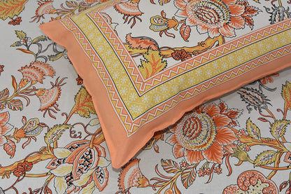 Floral Artistry Orange Jaipuri King Size Cotton Bedsheet