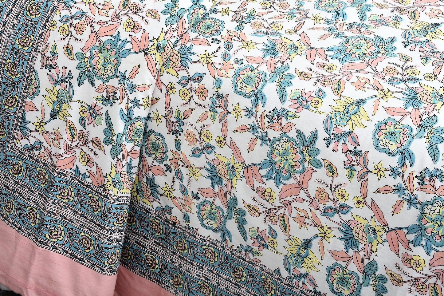 Floral Retreat Soothing Pink Jaipuri Queen Size Cotton Bedsheet