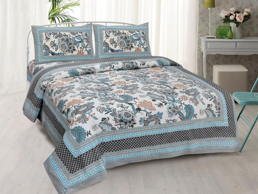 Floral Artistry Royal Blue Jaipuri King Size Cotton Bedsheet