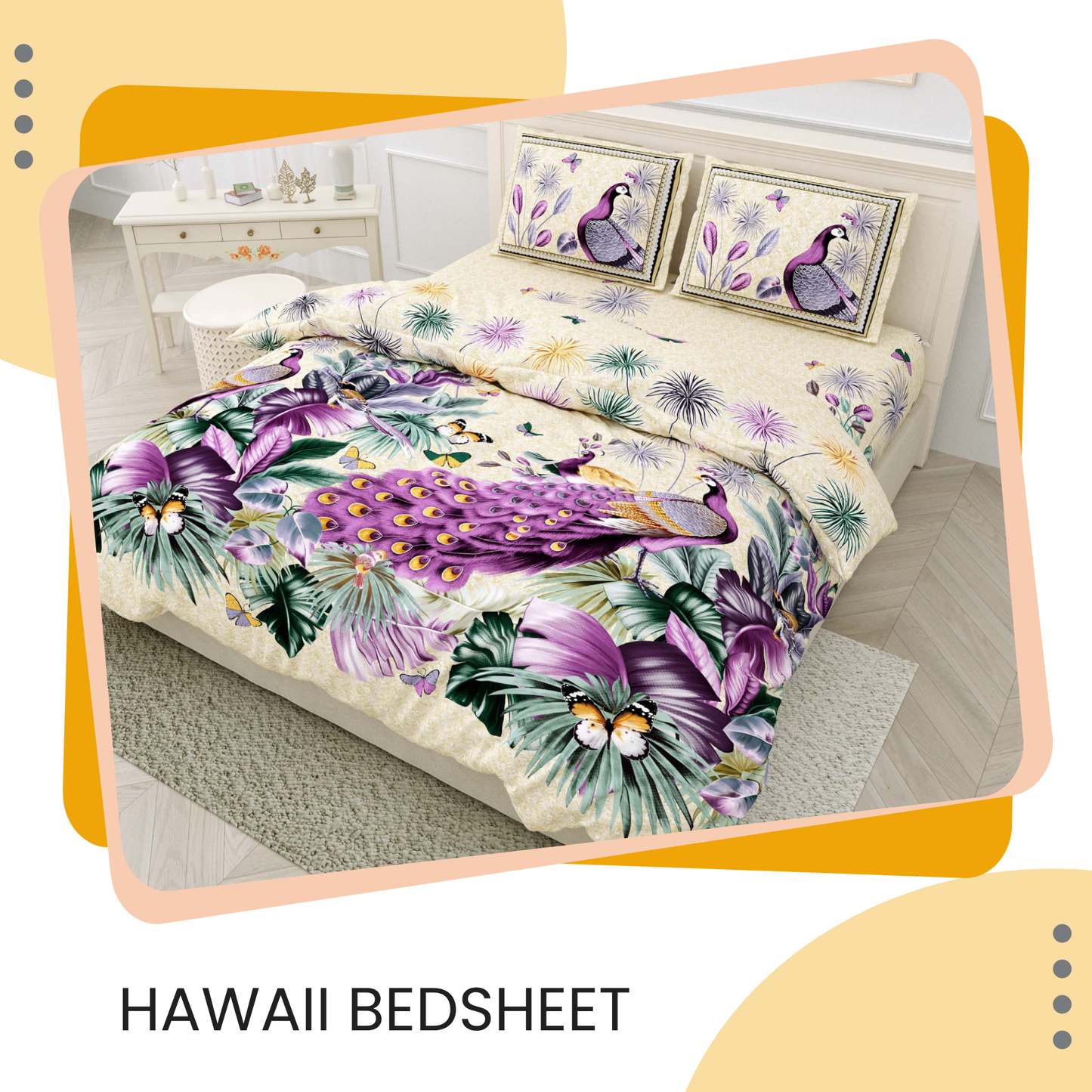 100% Cotton300 TC King Size Ultra Smooth Colorful Floral Bedsheet with 2 Pillow Covers | Hawaii