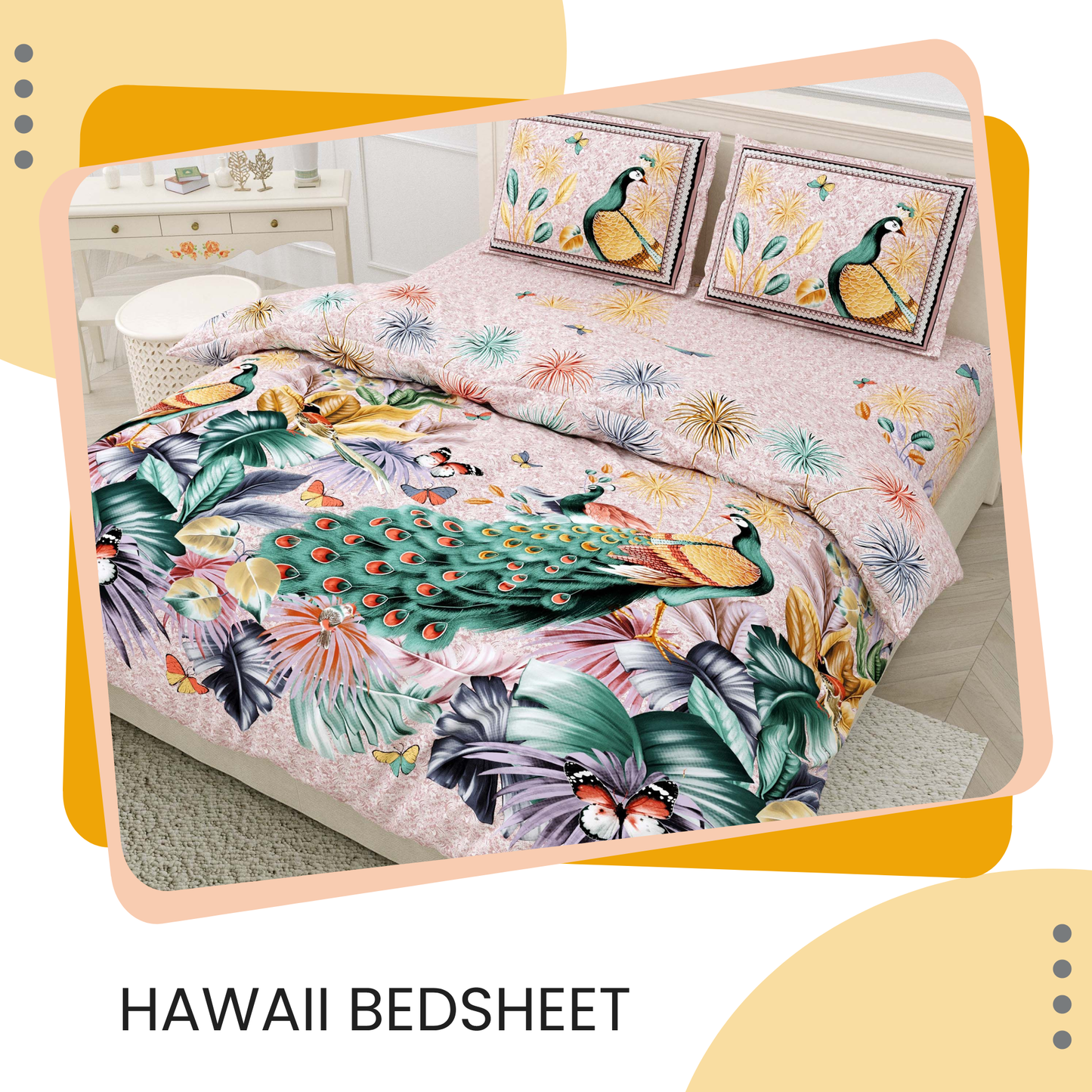 100% Cotton 300 TC King Size Ultra Smooth Colorful Floral Bedsheet with 2 Pillow Covers | Hawaii