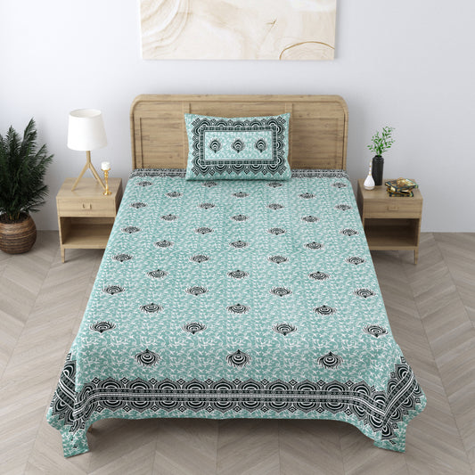 240 TC 100% Cotton Heritage Single Bedsheet With 1 Pillow Cover(Sea Green)
