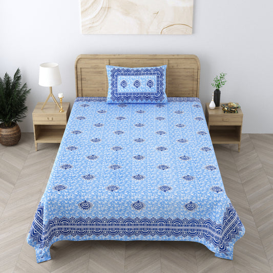 240 TC 100% Cotton Heritage Single Bedsheet With 1 Pillow Cover(Oceanic Blue)