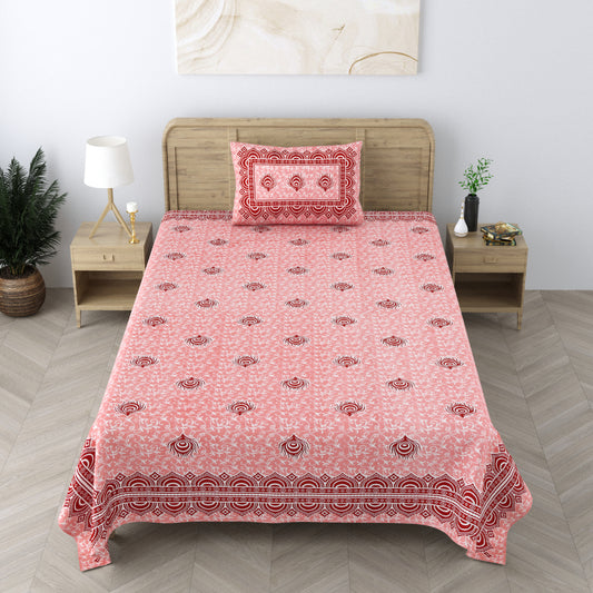 240 TC 100% Cotton Heritage Single Bedsheet With 1 Pillow Cover(Pink)