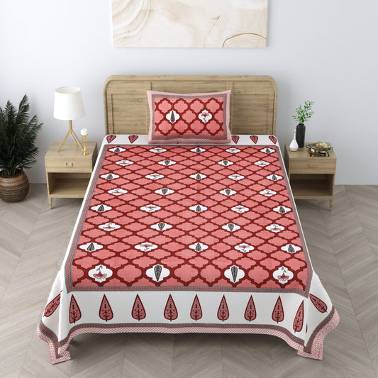 240 TC 100% Cotton Heritage Single Bedsheet With 1 Pillow Cover(Damask Red)