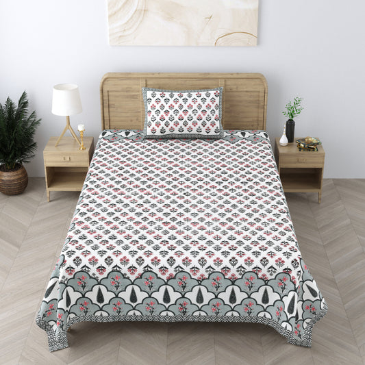 240 TC 100% Cotton Heritage Single Bedsheet With 1 Pillow Cover(Ajark Grey)